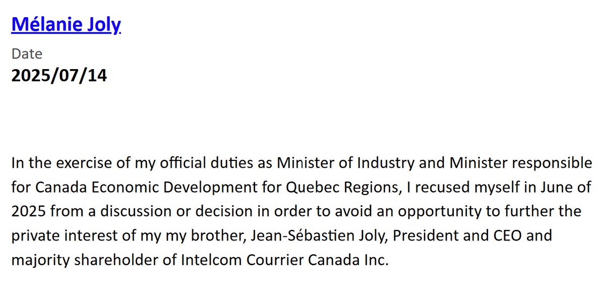 glen_mcgregor's tweet image. Things I didn't know until now... the majority shareholder and president/CEO of delivery service Intelcomm is the brother of Industry Minister Melanie Joly, according to her ethics disclosure. Huh.