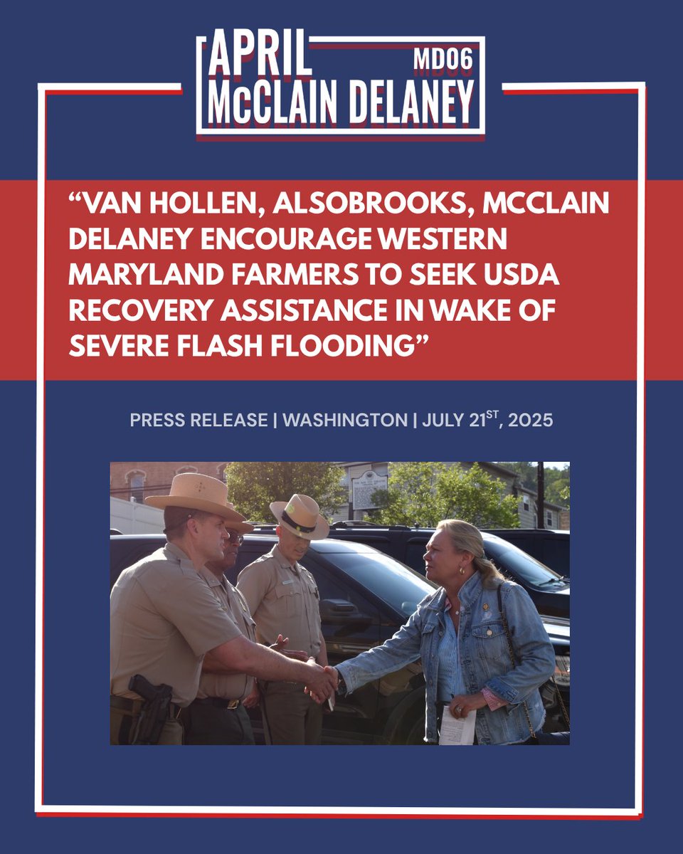 RepAprilDelaney's tweet image. FARMERS in Allegany, Garrett, and Washington Counties: resources are now available to you through the @USDA @usdaFSA Emergency Farm Loan program in the wake of May’s severe flash flooding in Western Maryland. The deadline apply is March 15, 2026. Contact here for assistance:…