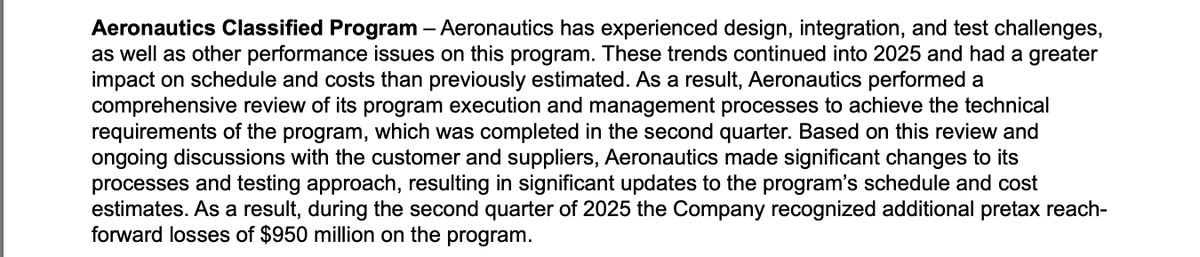 audrey_decker9's tweet image. Lockheed's q2 earnings include a $950 million loss on a classified aeronautics program. CEO Jim Taiclet said it's "critical" that this program be successful