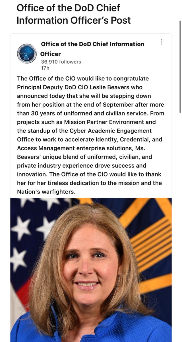 SCOOP:

3 days after my exclusive report about how Leslie Beavers, the former acting DoD Chief Information Officer (CIO) and current Deputy DOD CIO failed to act when a CCP breach by Chinese foreign nationals of DOD cyber systems via the Microsoft Government Azure program was
