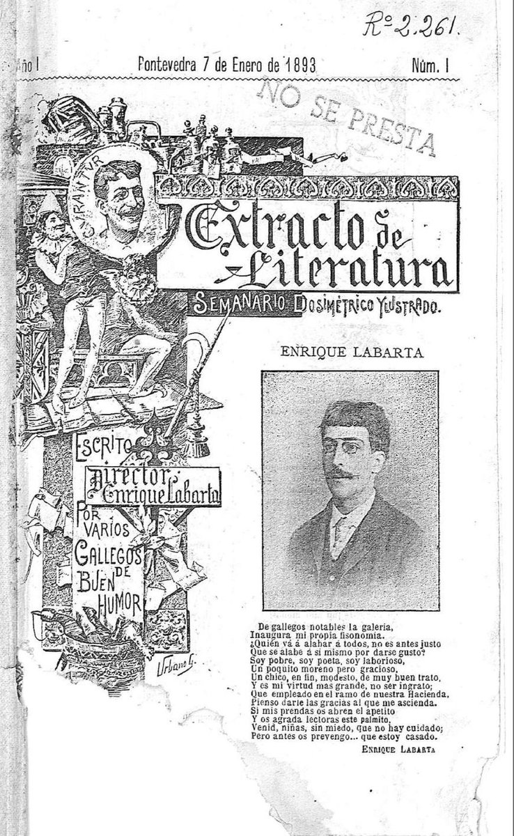 ACBoveda's tweet image. O 22/7/1863 nace Enrique Labarta Pose. Fundou e dirixiu diversas publicacións: Galicia Humorística é unha xoia polo seu deseño vangardista.
O retrato de Labarta ilustrando a portada d Extracto de Literatura (1893) está considerada como a 1º foto aparecida nun medio impreso galego