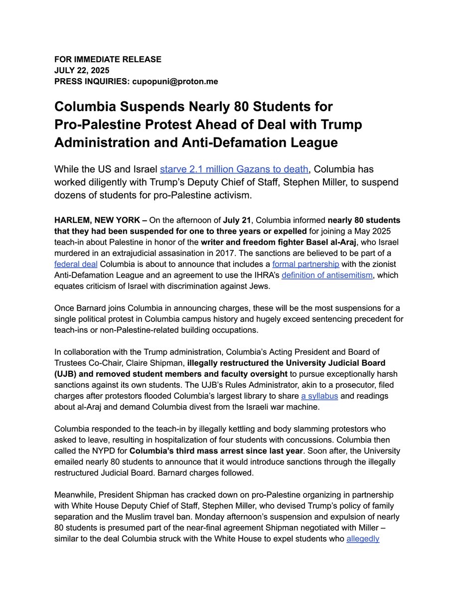 ColumbiaBDS's tweet image. OFFICIAL CUAD PRESS RELEASE:
In a historic first, Columbia has suspended nearly 80 students for participating in a teach-in honoring Basel al-Araj. The announcement comes just ahead of the University's deal with the Trump administration and the Anti-Defamation League.