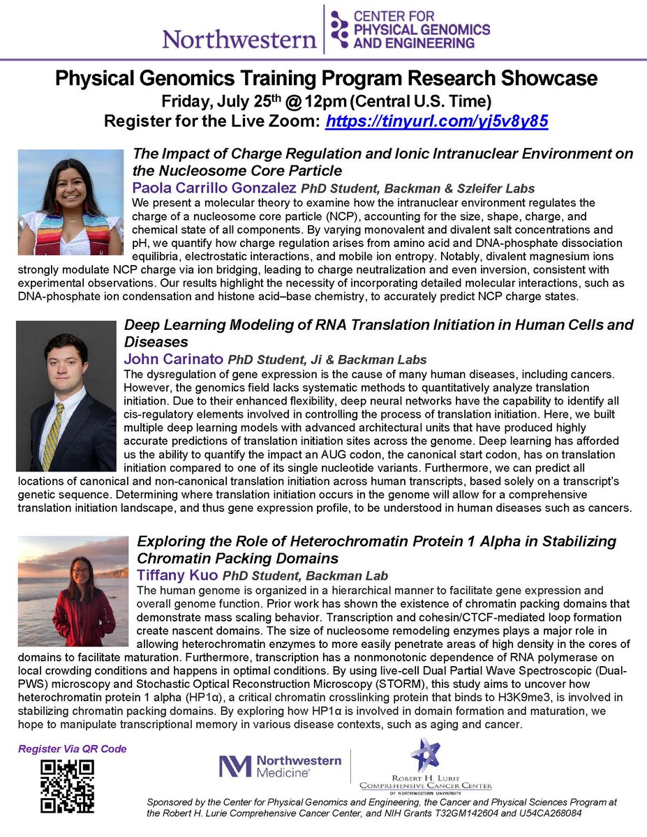 PhysGenCenter's tweet image. The Physical Genomics Training Program Research Showcase is live on Zoom this Friday July 25 at 12pm CT. 3 of our PhD trainees will discuss their exciting research projects - join us and experience the breakthrough science happening at CPGE!
Register at: tinyurl.com/yj5v8y85