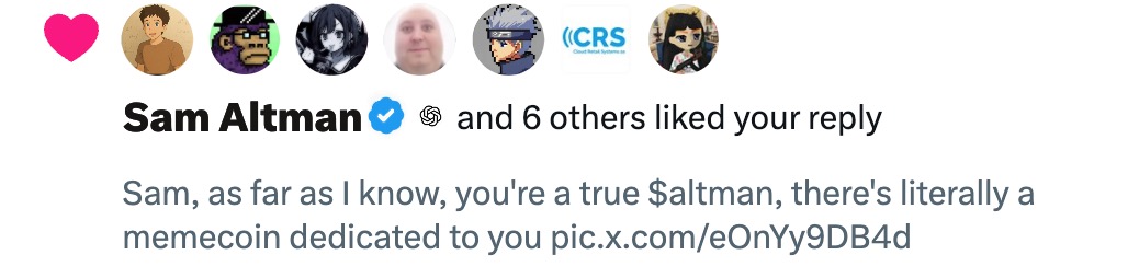 nft_hustlerX's tweet photo. Lol, I didn't think it was possible, but he liked it. :D $altman https://t.co/D0pqhYf123