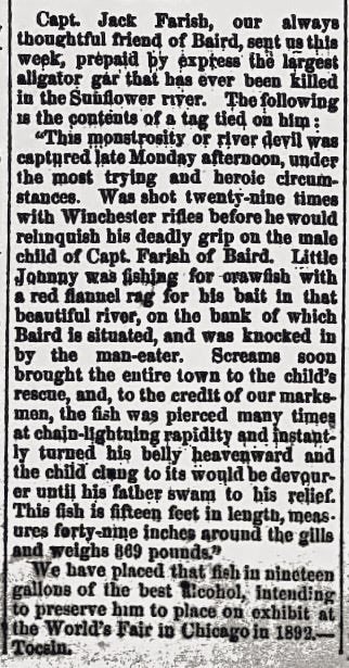 oddoldnews's tweet image. Monster Alligator Gar
The Weekly Democrat-Times, Greenville, Mississippi · Saturday, April 26, 1890