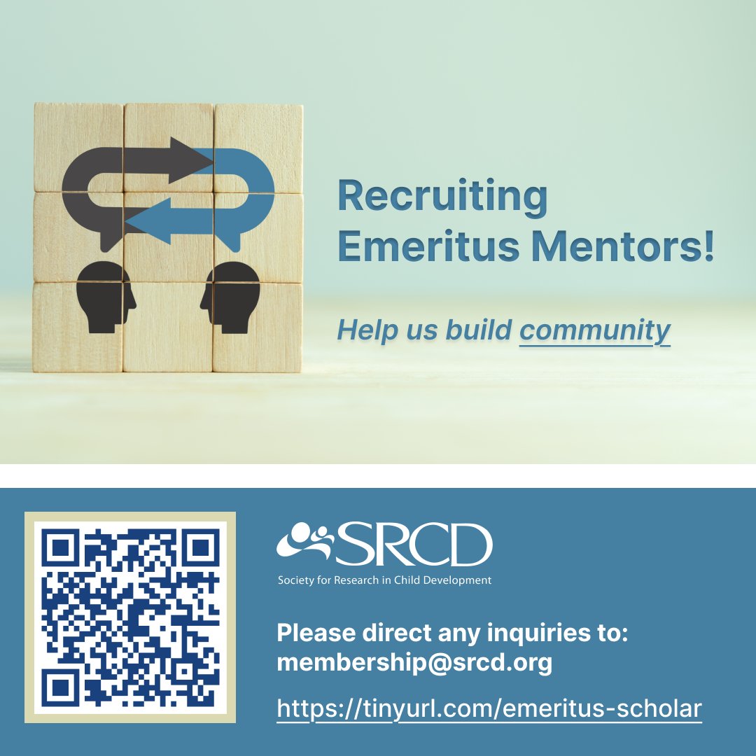 SRCDtweets's tweet image. 💙 SRCD is piloting a new mentoring program for early and mid-career members, led by Emeritus Members. Mentors will provide guidance, foster professional growth, and expand mentees’ networks in a mutually enriching experience.
💙 Mentors will help select mentees and meet…