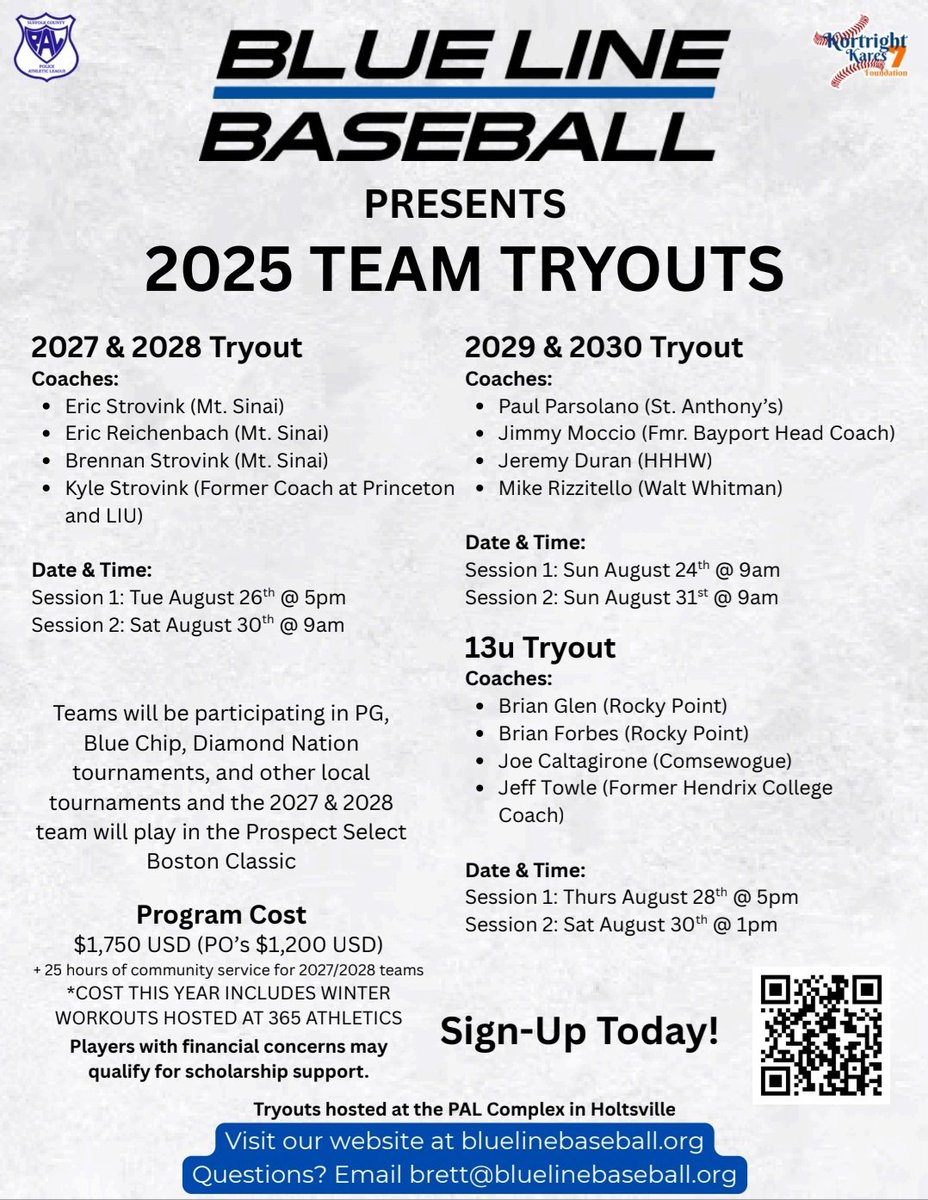 Suffolk County PAL (@suffolkpals) on Twitter photo PAL Blueline Baseball 2025 Team Tryouts! βΎοΈ
Tryouts will take place in August.
Questions? Please email PAL Officer Engmann at brett@bluelinebaseball.org.
#baseball #tryoutseason PAL Blueline Baseball 2025 Team Tryouts! βΎοΈ
Tryouts will take place in August.
Questions? Please email PAL Officer Engmann at brett@bluelinebaseball.org.
#baseball #tryoutseason