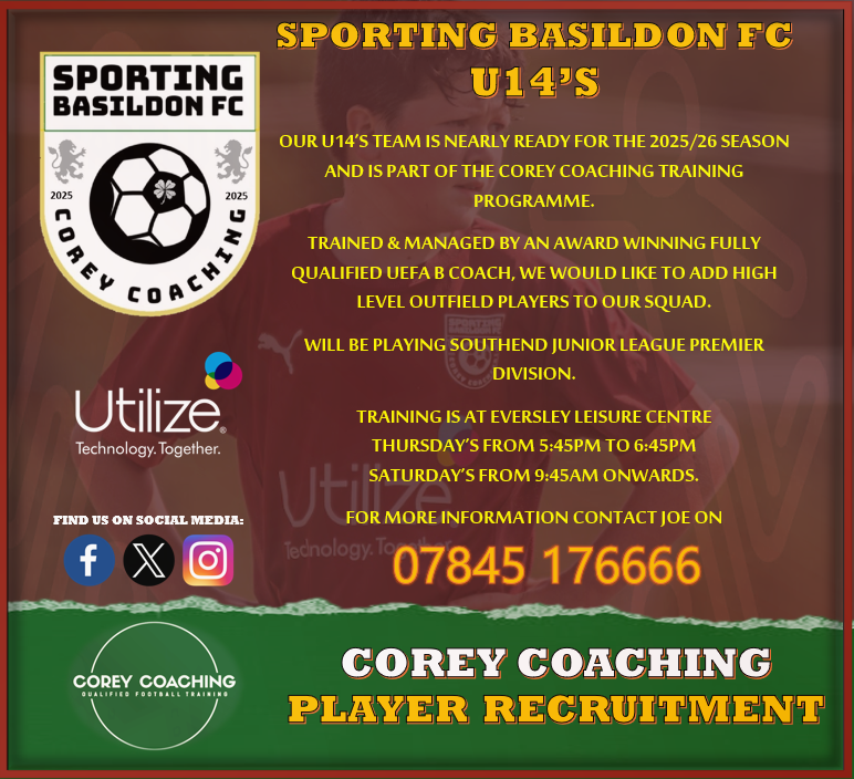 🌟 PLAYER RECRUITMENT🌟

Our U14's are looking to add to the squad ahead of the 2025/26 season. 

They will be competing in the SJL Premier Division.

Trained and Managed by a UEFA B Award Winning Coach. 

07845 176666

⚽️🟥🟩

#SBFC <a href="/Corey_Coaching/">Corey Coaching</a> <a href="/Utilize_PLC/">Utilize</a>