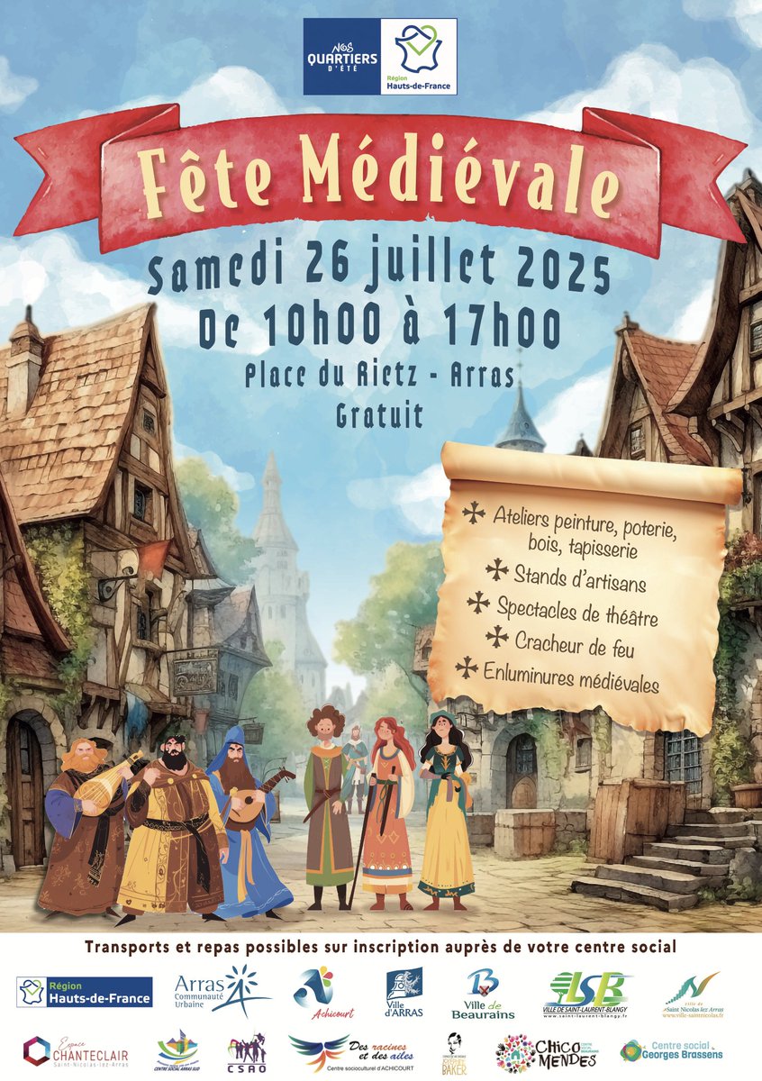VilleArras's tweet image. Ce samedi 26 juillet, le parc du Rietz remonte le temps 🏰

🔥 Spectacles, cracheur de feu, ateliers de poterie, tapisserie, théâtre, artisans… de 10h à 17h, vivez une journée médiévale gratuite en famille !

Porté par @GrandArras et la région @hautsdefrance 

#Arras #patrimoine