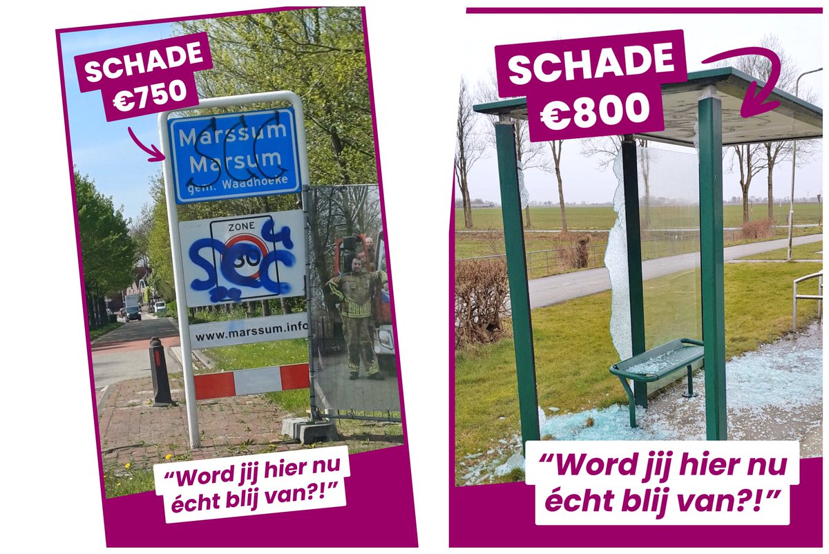 Gemeente Waadhoeke start vandaag een campagne tegen het toenemende vandalisme in de gemeente. Kosten van het vandalisme per jaar in Waadhoeke: 100.000 euro! Een goede zaak om dit vandalisme aan te pakken.