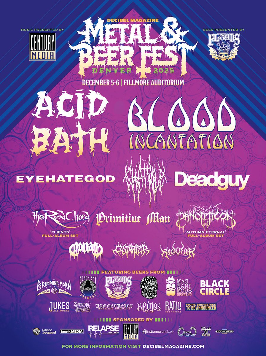 dbmagazine's tweet image. The full Decibel Magazine Metal & Beer Fest: Denver can-crushing band & brewery lineup can finally be revealed! Single-day tickets on sale Friday @ 10am MT! Last chance for discounted early-bird tickets! Lineup + ticket links here: decibelmagazine.com/2025/07/22/ful…