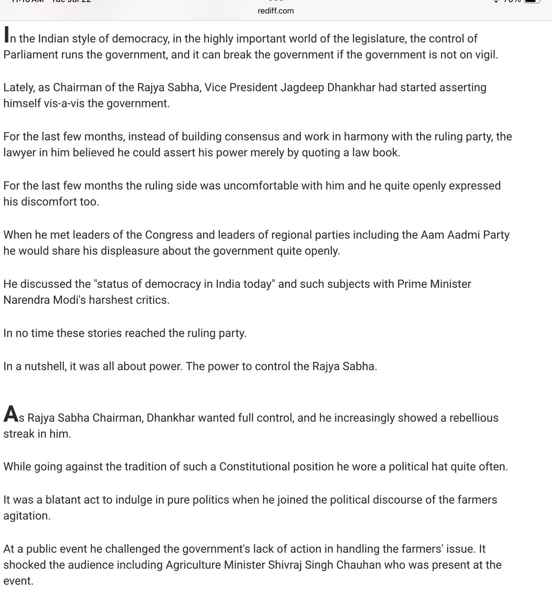 dhume's tweet image. What made Indian VP Jagdeep Dhankhar suddenly quit his job midstream? @sheela2010 has the goods.
rediff.com/news/special/m…