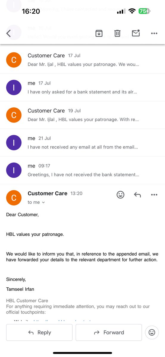 Jadoonism's tweet photo. @HBLCare Here are all the emails I have sent and received for your kind info. Who takes a whole fucking month for a simple bank statement. Once this is sorted I’ll surely stop using this garbage bank that has no customer care https://t.co/7XKcmu55di