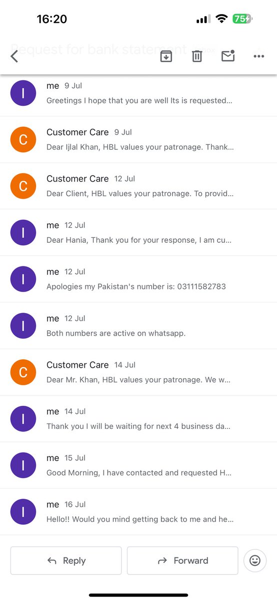Jadoonism's tweet photo. @HBLCare Here are all the emails I have sent and received for your kind info. Who takes a whole fucking month for a simple bank statement. Once this is sorted I’ll surely stop using this garbage bank that has no customer care https://t.co/7XKcmu55di