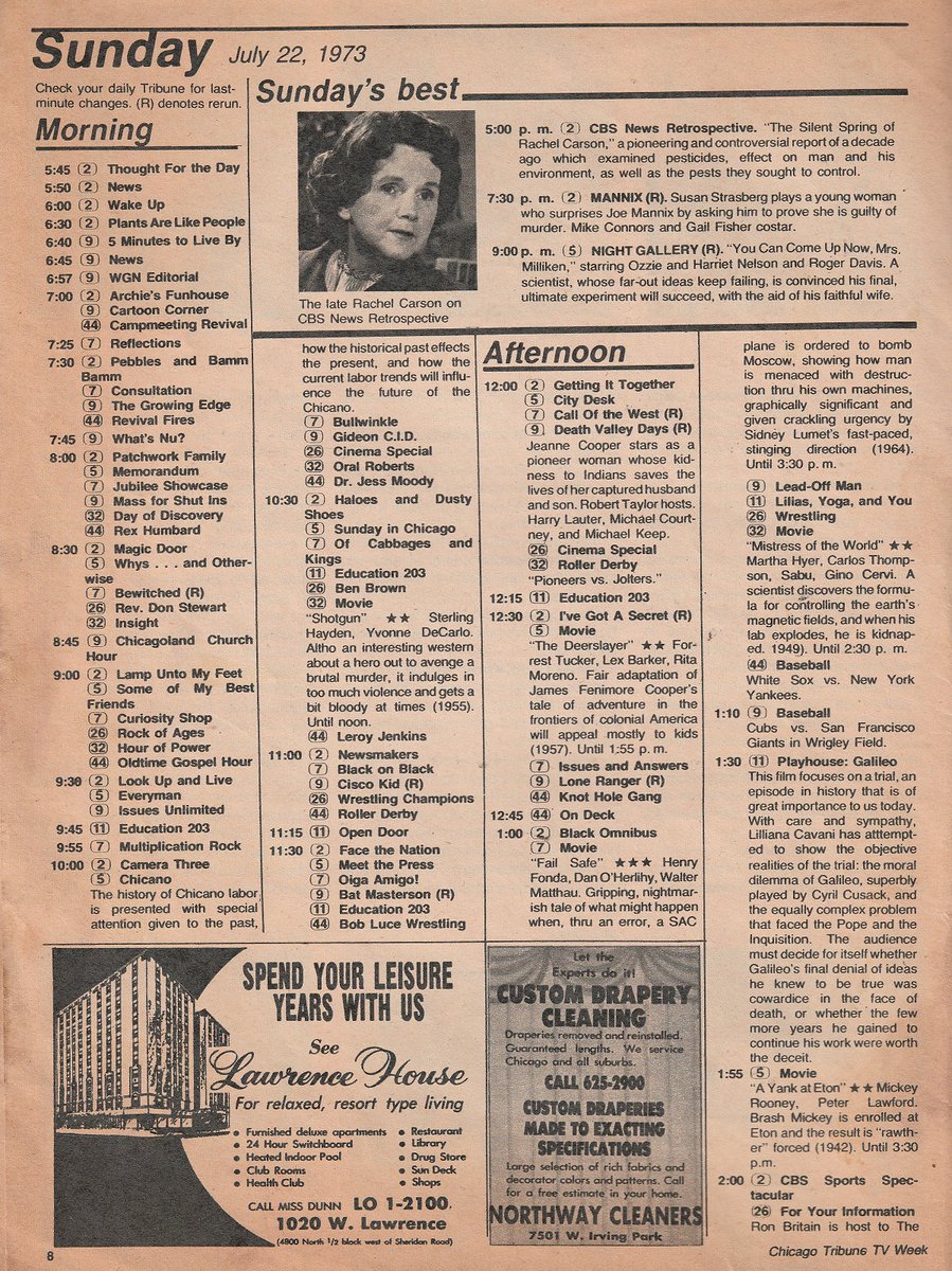 ChicagoTVGuides's tweet image. #OTD in 1973
Disney, MASH, Mannix, Rod Serling's Night Gallery, Mystery Movie, "Fail Safe" (1 pm on WLS-7), more...
Chicago Tribune TV Week. July 22, 1973