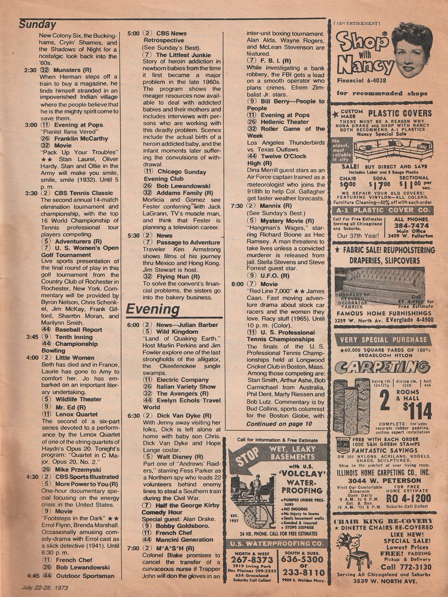 ChicagoTVGuides's tweet image. #OTD in 1973
Disney, MASH, Mannix, Rod Serling's Night Gallery, Mystery Movie, "Fail Safe" (1 pm on WLS-7), more...
Chicago Tribune TV Week. July 22, 1973