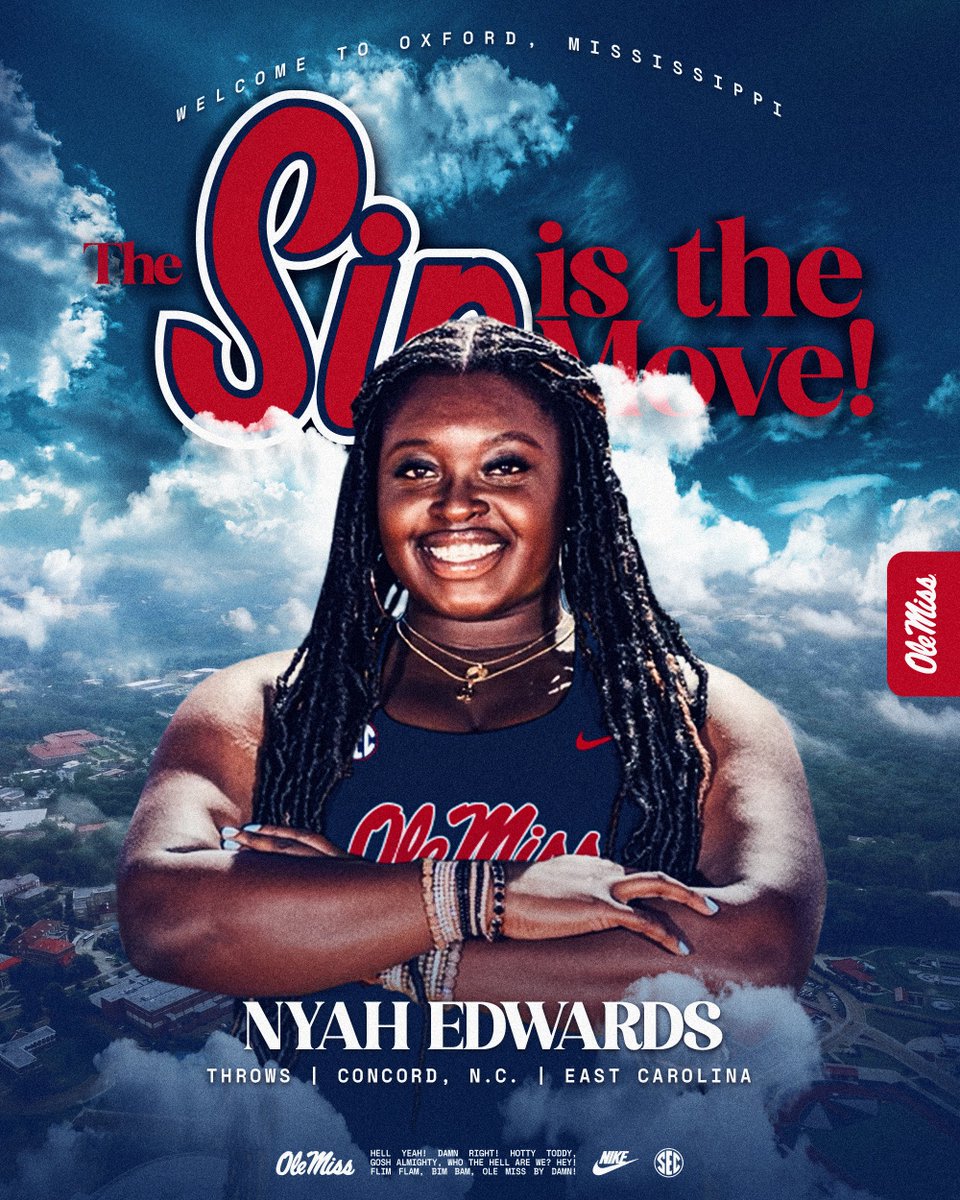 OleMissTrack's tweet image. Welcome to The Sip! 🤩
𝗡𝘆𝗮𝗵 𝗘𝗱𝘄𝗮𝗿𝗱𝘀
📍 Concord, NC
📚 ECU
💪 Throws
#HottyToddy