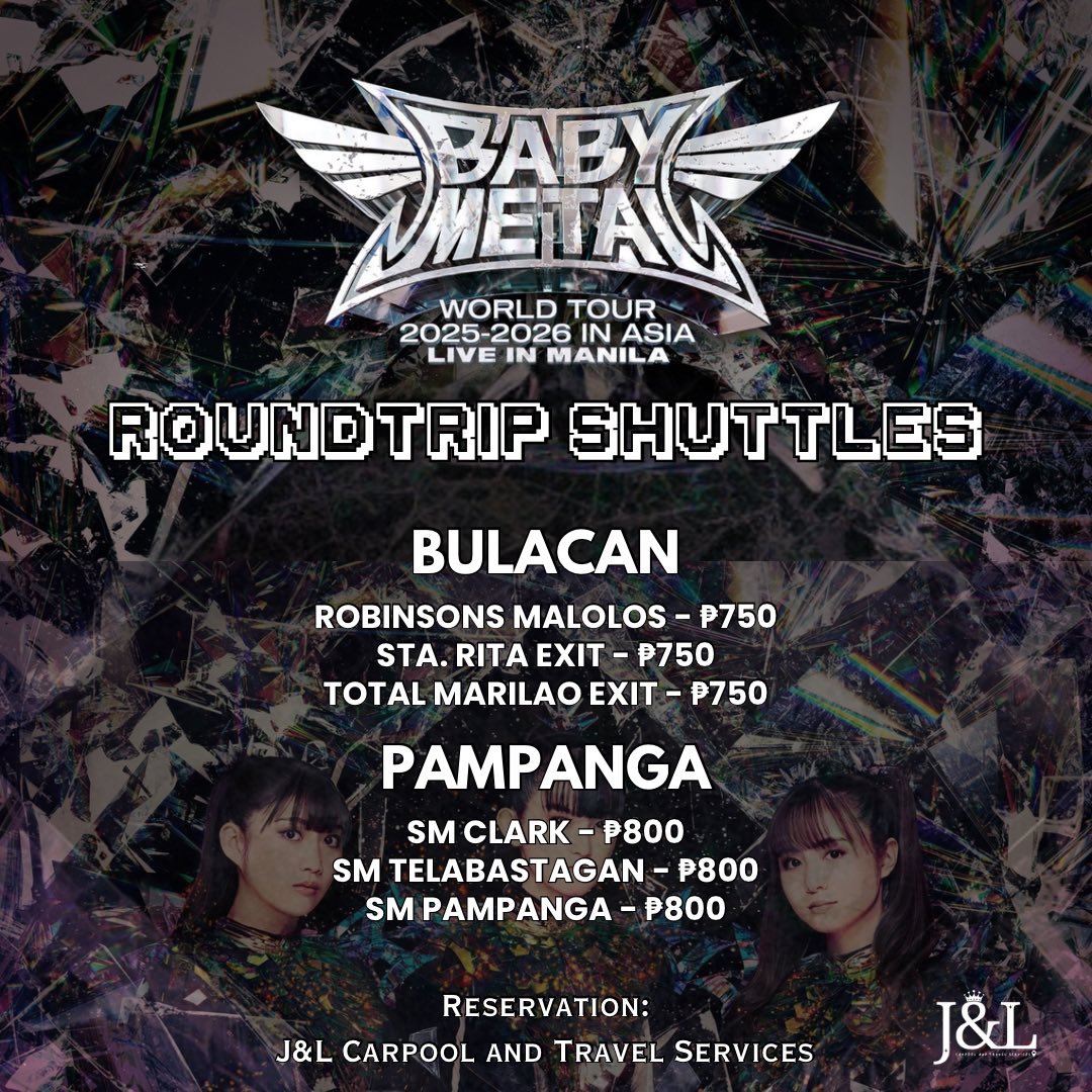 Few slots left for   #BabyMetalWorldTour2025 carpool ~ roundtrip concert service! 🚐    

BABYMETAL World Tour in Asia Live in Manila   

📅October 8, 2025 
📍Smart Araneta Coliseum

BOOK HERE: &gt;&gt;&gt; forms.gle/JPpaUneD4fTj8q…

#BABYMETAL #BABYMETALinMANILA
#carpool #shuttle