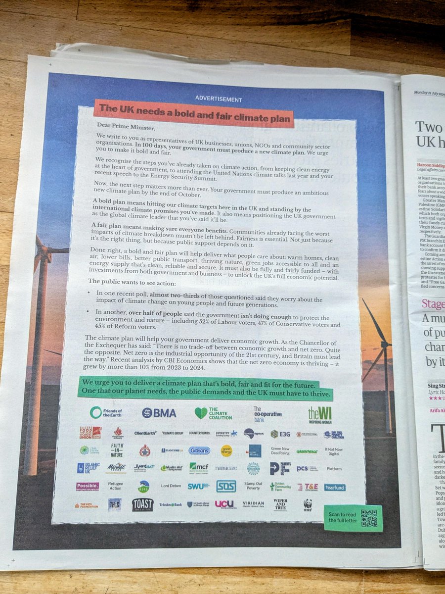 ucu's tweet image. 📢Yesterday's @guardian full-page ad signed by UCU and 50+ orgs demanding a bold, fair and legal climate plan.
Govt has 100 days to act or risk breaking climate law again.
We need warm homes, clean air, green jobs and a liveable future. Tell the PM: tr.ee/O9BL0d