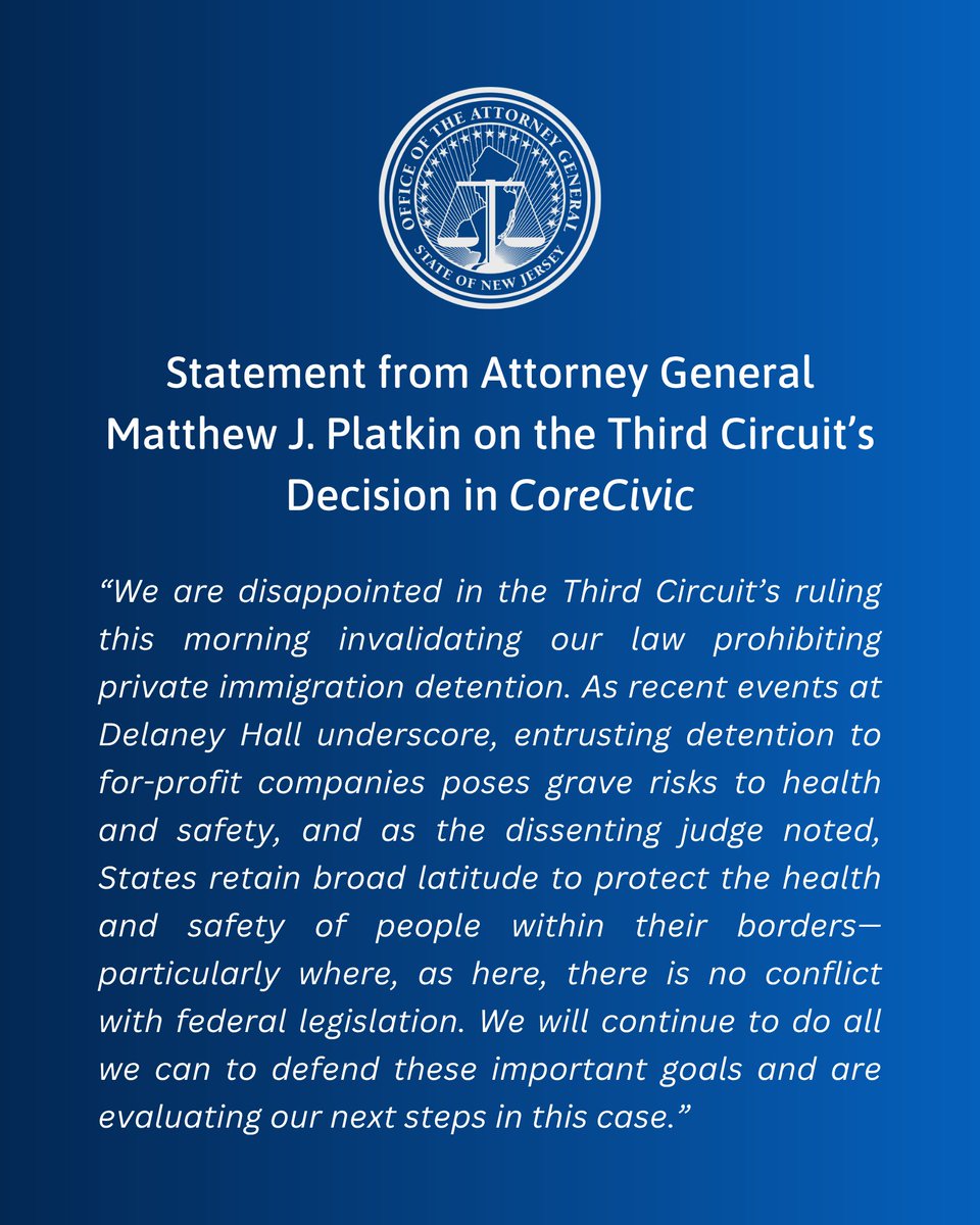 NewJerseyOAG's tweet image. Statement from Attorney General Matthew J. Platkin on the Third Circuit’s Decision in CoreCivic.