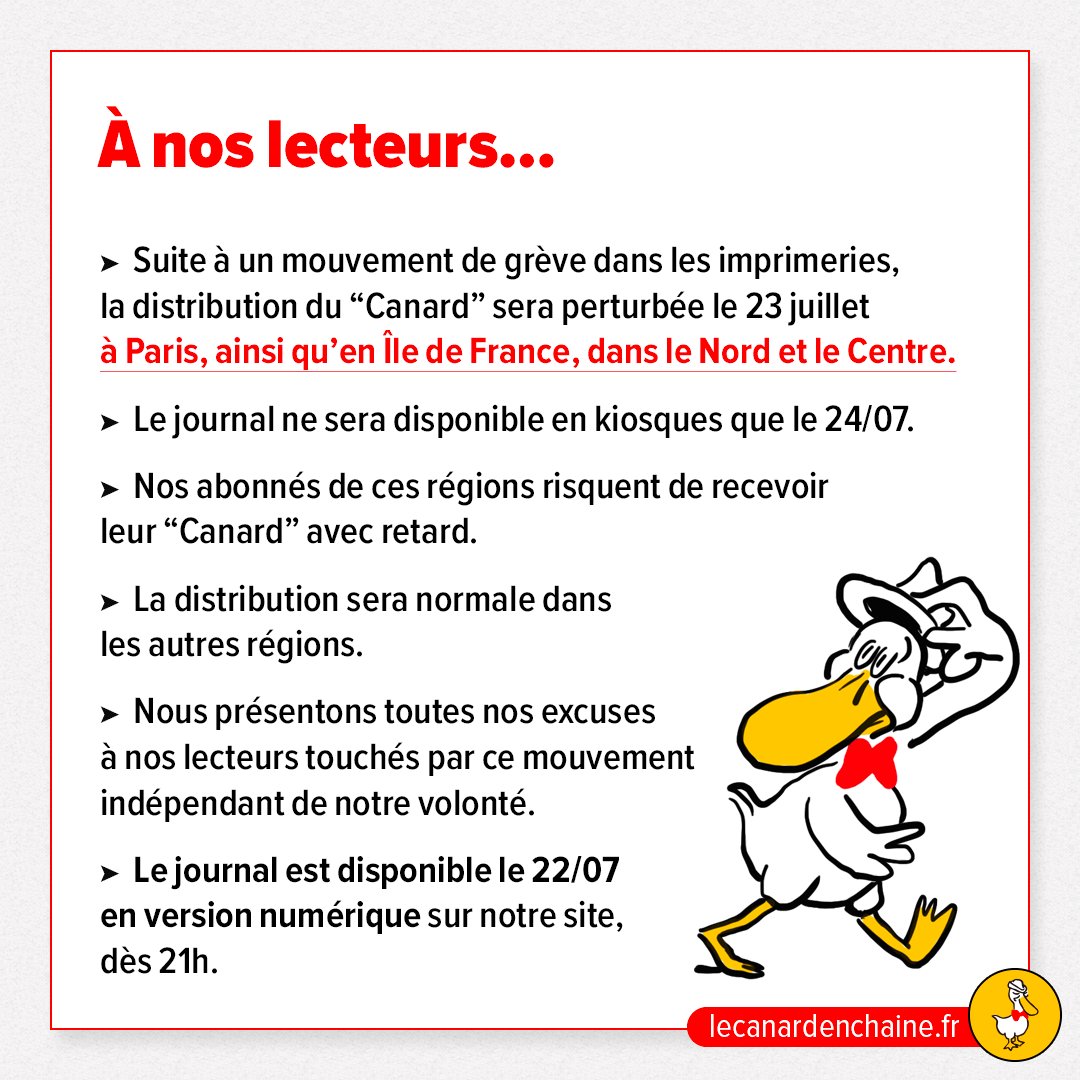canardenchaine's tweet image. ⚠️ Exceptionnellement cette semaine, la distribution du "Canard" est perturbée en raison d'un mouvement de grève dans les imprimeries 👇