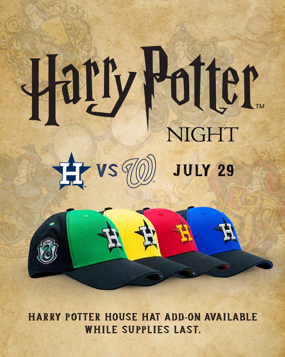 astros's tweet image. Grab your wand and join us for Harry Potter Night!
Fans can dress up as their favorite characters and enjoy magical festivities around the ballpark. Limited-edition Hogwarts House Hat add-on available!
More info at astros.com/harrypotter