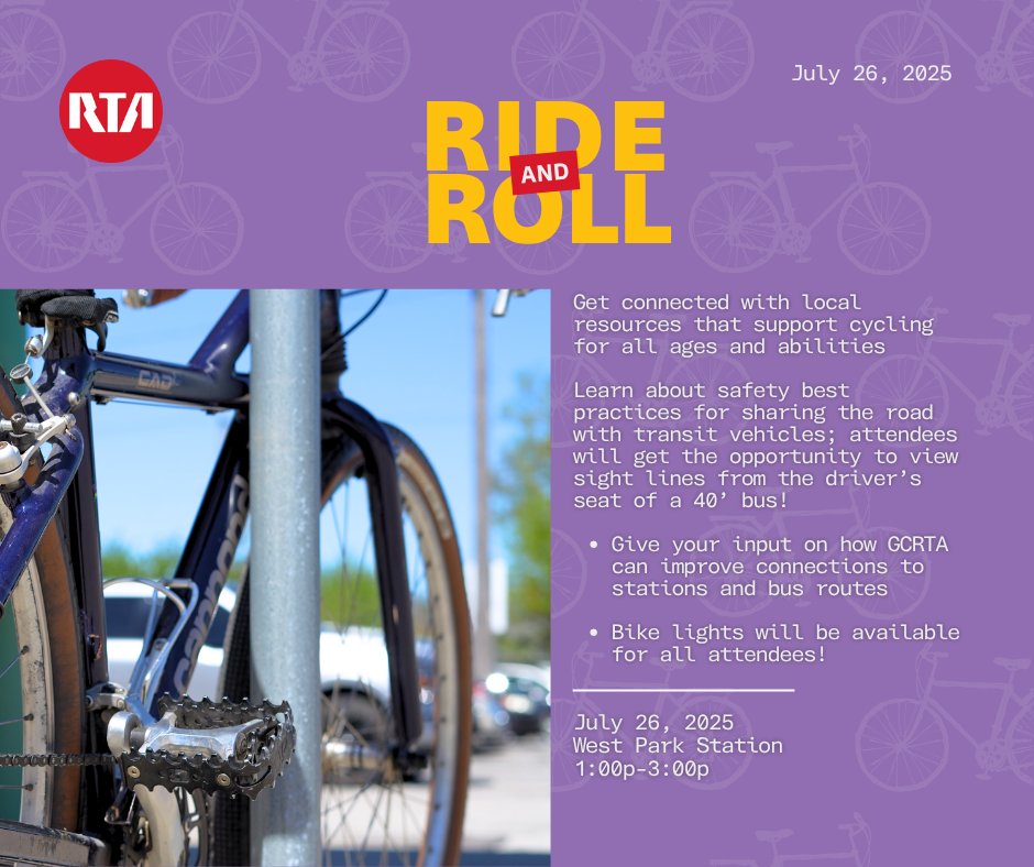 GCRTA's tweet image. Join GCRTA for Ride-N-Roll! π΄ββοΈπ Learn bike safety, get free lights & more!
π
Sat, July 26, 2025
β° 1-3 PM
π GCRTA West Park Training Center (14510 Lorain Avenue)
Details here: riderta.com/events/2025/7/β¦