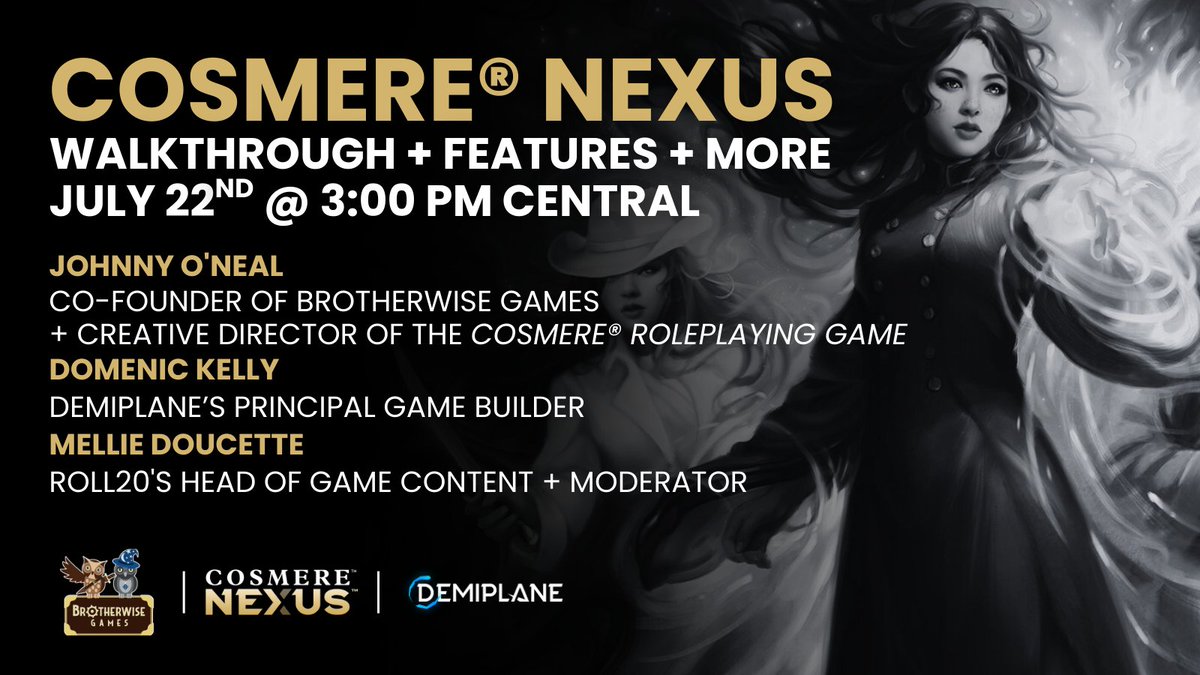 DemiplaneRPG's tweet image. Hey, what are you up to today at 3:00 PM Central? 🕒
👀 Want to come hang out with @johnny0neal from @bwisegames and Dom + Mellie from Demiplane to see the Cosmere® NEXUS?
🥳 Hop on our Discord a little before and come hang out for a sneak peek!
▶️ discord.gg/demiplane