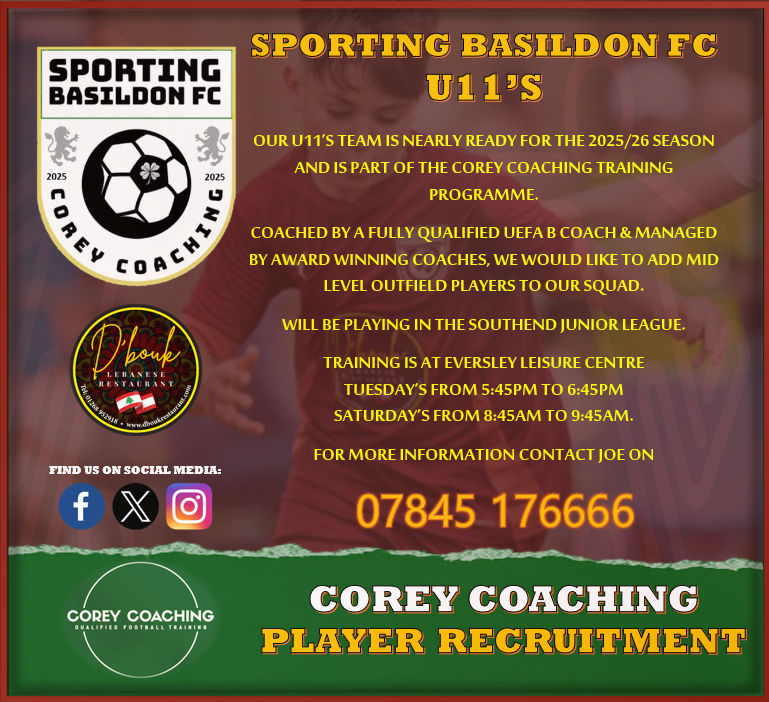 Sporting Basildon FC (@s_basildon_fc) on Twitter photo 🌟 U11's PLAYER RECRUITMENT🌟
Our U11's are looking to add to the squad ahead of the 2025/26 season.
They will be competing in the SLJ.
Trained by a UEFA B Coach and Managed by Award Winning Coach.
07845 176666
⚽️🟥🟩
#SBFC <a href="/Corey_Coaching/">Corey Coaching</a> 🌟 U11's PLAYER RECRUITMENT🌟
Our U11's are looking to add to the squad ahead of the 2025/26 season.
They will be competing in the SLJ.
Trained by a UEFA B Coach and Managed by Award Winning Coach.
07845 176666
⚽️🟥🟩
#SBFC <a href="/Corey_Coaching/">Corey Coaching</a>