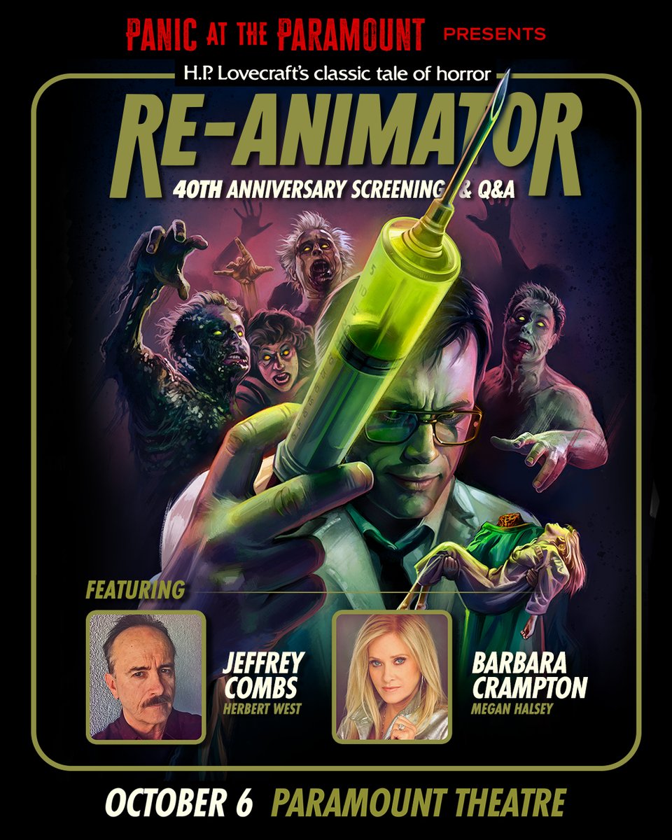 ParamountAustin's tweet image. JUST ANNOUNCED 💉 Panic at the Paramount presents RE-ANIMATOR 40th Anniversary Screening on 10/6🧠 Celebrate the cult horror classic RE-ANIMATOR with a screening followed by a live Q&A with stars Jeffrey Combs & Barbara Crampton.
🎟️ On sale 7/25: bit.ly/4o17yln