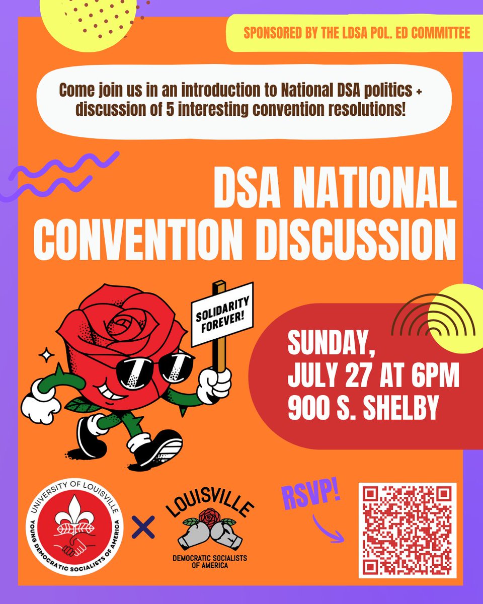 dsa_louisville's tweet image. Join us Sun. 7/27 @ 6p for an intro to DSA National politics + roundtable discussion of a few resolutions from this year's National Convention. Whether totally new to DSA or involved with National for years, don’t miss this event—all are welcome! RSVP🔗bit.ly/4m082X8