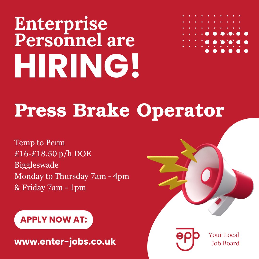 EnterJobs's tweet photo. Enterprise Personnel are looking to recruit a Press Brake Operator for their client in Biggleswade.
Apply now via our website! 

#pressbrake #pressbrakeoperator #machineoperator #machineoperative #machineprogramming #pressbrakemachine #biggleswade #bedfordshirebusiness https://t.co/qjtxgY52hM