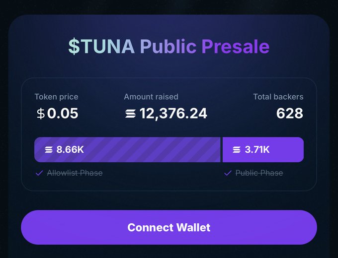DeFiTuna $TUNA 公开预售界面显示代币价格、筹集金额及支持人数