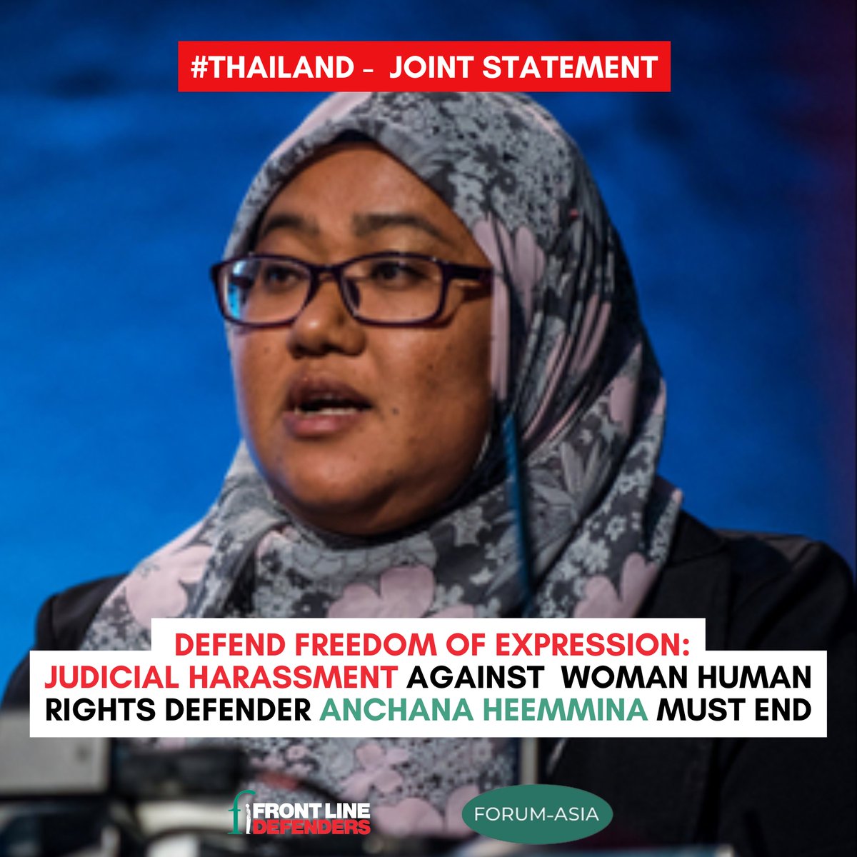 FrontLineHRD's tweet image. 📍 #THAILAND
Front Line Defenders together with FORUM-ASIA strongly condemn the Thai Government’s intensified judicial harassment against WHRD Anchana Heemmina– solely for expressing political opinion.
We urge Thai authorities to drop all charges against WHRD Heemmina, and call…