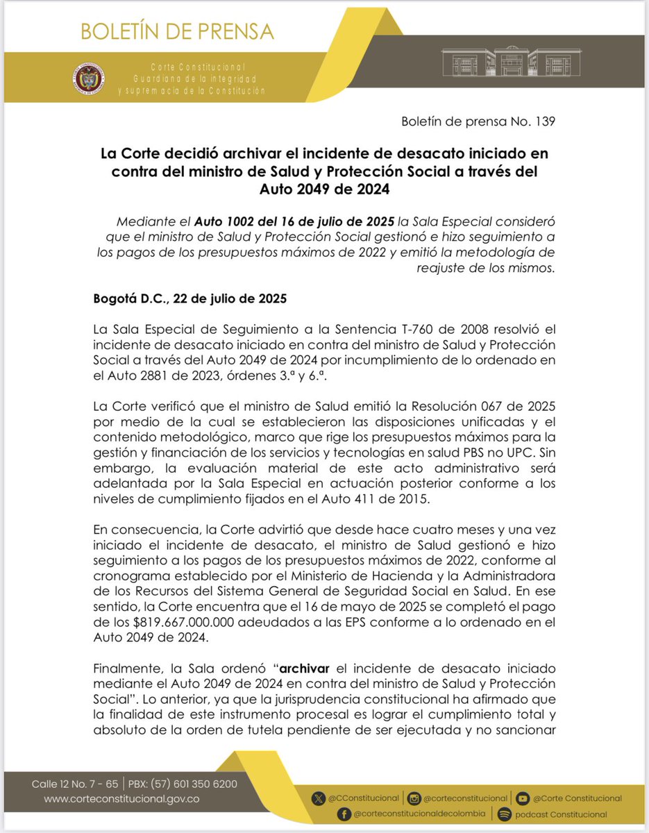 MinSaludCol's tweet image. #Atención | La Corte decidió archivar el incidente de desacato iniciado en contra del ministro de Salud y Protección Social a través del Auto 2049 de 2024.
Mediante el Auto 1002 del 16 de julio de 2025 la Sala Especial consideró que el ministro, @GA_Jaramillo, gestionó e hizo…