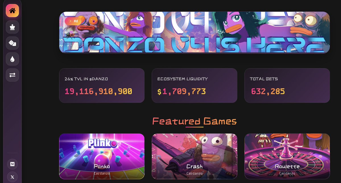 DanZoADA's tweet image. $DANZO Market Cap: 700,000 $
Protocol TVL: 1,700,000 $
Total Bets: 632,285
V4 has been live for almost two months with rising liquidity, increasing rewards and all in all a great experience for everyone involved.