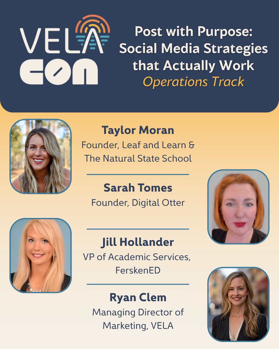 VELAorg's tweet image. ✨ VELA Con programming showcase | Operations track: “Post with Purpose: Social Media Strategies that Actually Work” featuring Taylor Moran, Sarah Tomes, Jill Hollander, Ryan Clem.
---
Social media isn’t just about being online—it’s a powerful way to build community, grow…