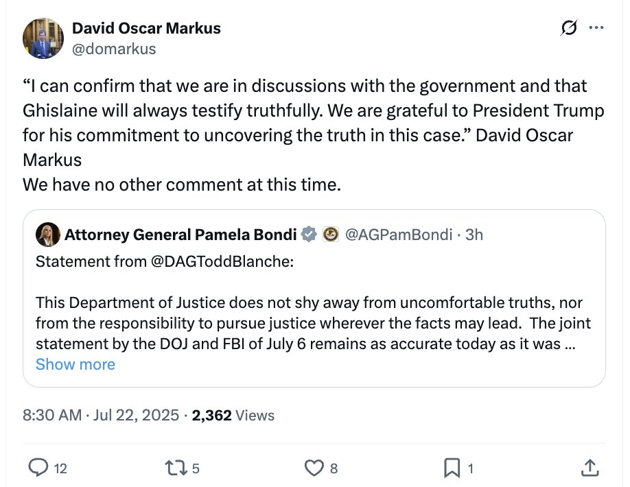 rgoodlaw's tweet image. Another sure sign that the fix is in.
Attorney for convicted sex trafficker of minors, Ghislaine Maxwell:
"We are grateful to President Trump for his commitment to uncovering the truth in this case."
And says they're already in discussions with the administration.