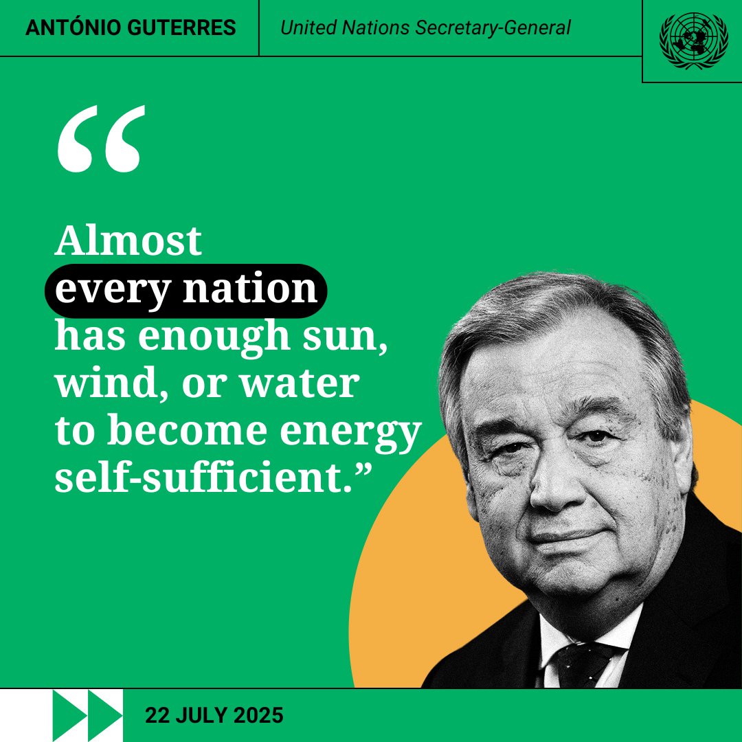 UNLesotho's tweet image. 📢 Powerful words from the @UN Secretary-General:
“Almost every nation has enough sun, wind, or water to become energy self-sufficient.”

Lesotho has all three of these natural resources. 
Now is the time to turn potential into power.
