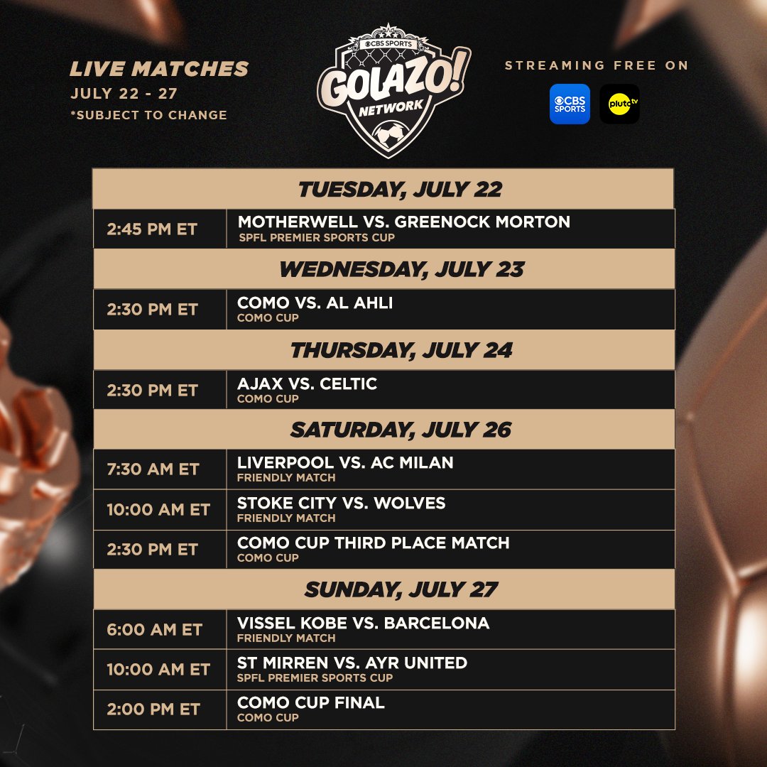 CBSSportsGang's tweet image. SPFL and the Como Cup highlight the free matches on CBS Sports Golazo Network this week.
Check out every match plus Morning Footy, @AttackingThird, Scoreline and more.
Watch here: cbssports.com/watch/cbs-spor…