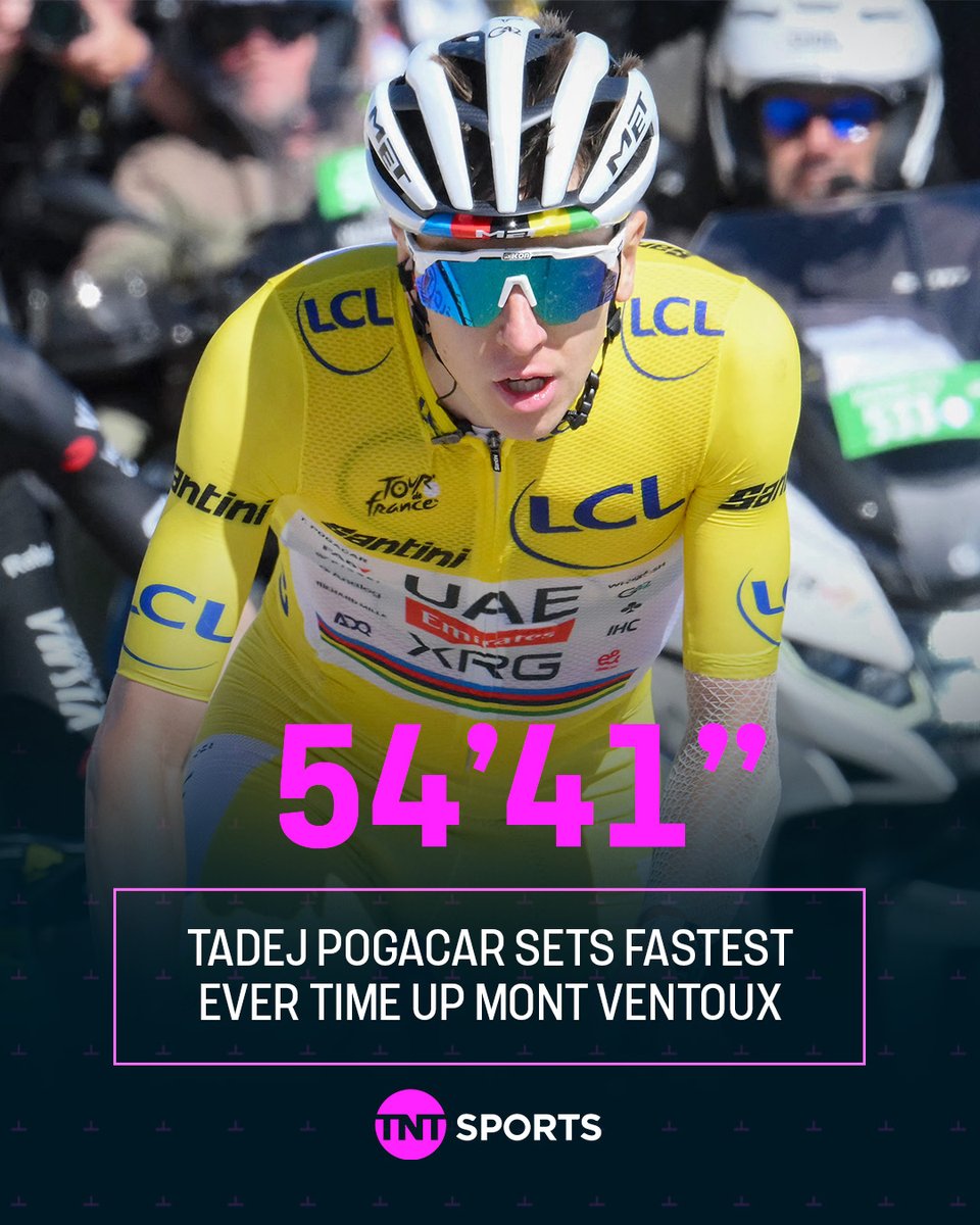 cyclingontnt's tweet image. RECORD BREAKER β±οΈ
Tadej PogaΔar sets the fastest time up Mont Ventoux β the previous record was 55:51 π
