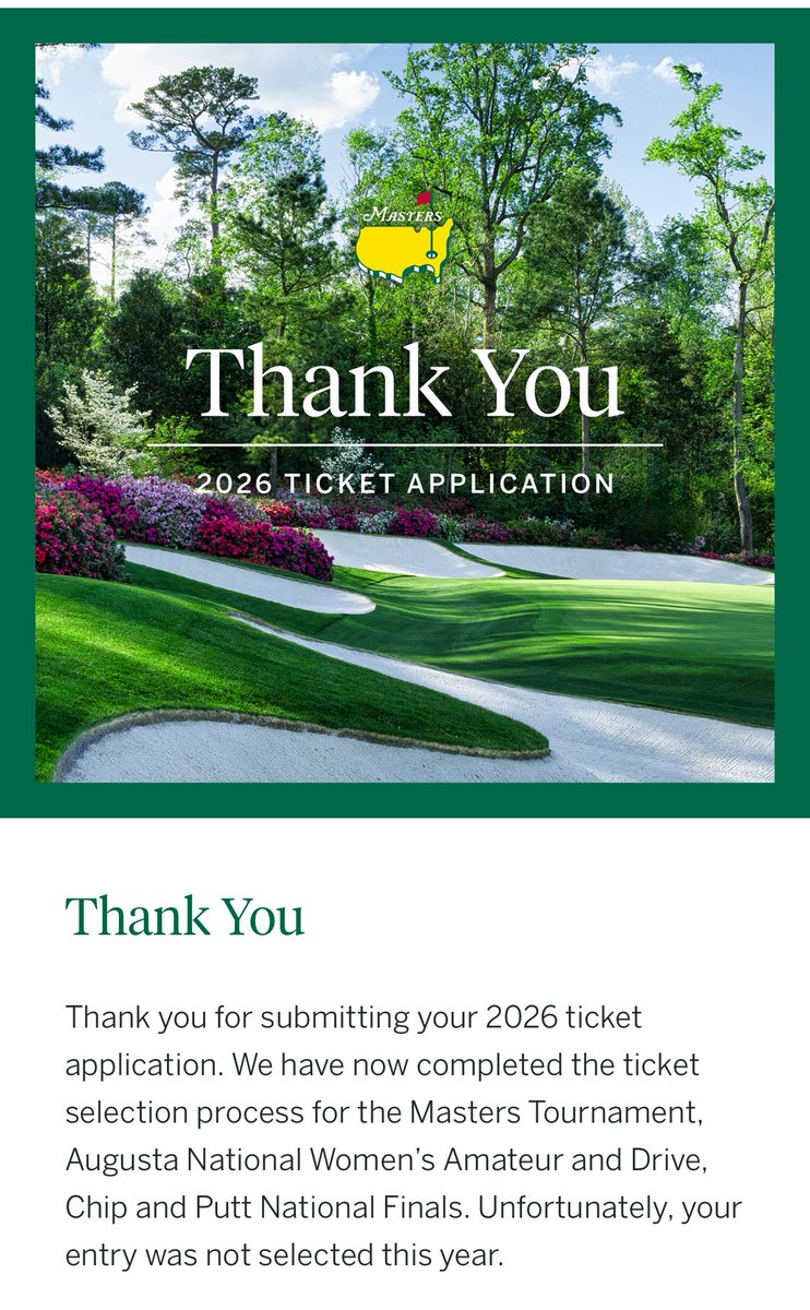 DeeJason's tweet photo. Dear @TheMasters #Masters2026 If the ticket portal for the Masters was a man, I’d left him long ago for abuse.  Another year without tickets.  I need to meet someone who works for Rolex. 😩😢 https://t.co/vKgXaiHzHa