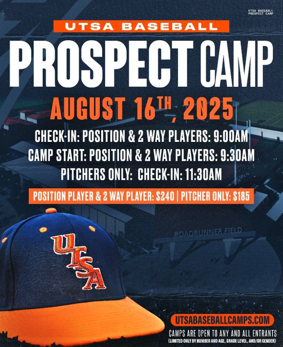 UTSABSB's tweet image. 🚨 Calling all future 'Runners!
UTSA Baseball Prospect Camp is set for August 16th at Roadrunner Field.
Showcase your skills and get noticed: bit.ly/UTSABaseballCa…
#BirdsUp 🤙 | #LetsGo210