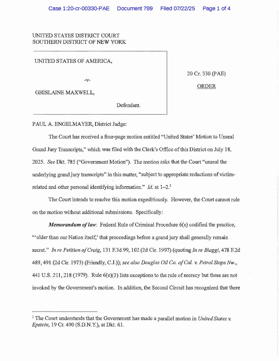 RonaldRichards's tweet image. 🚨🚨Judge in Ghislane Maxwell case, Epstein's girlfriend, casts doubt on release of grand jury transcripts. Finds the governments motion insufficient. As I have repeatedly said, release the FBI 302's, those are the investigative reports. Grand jury testimony is supposed to be…