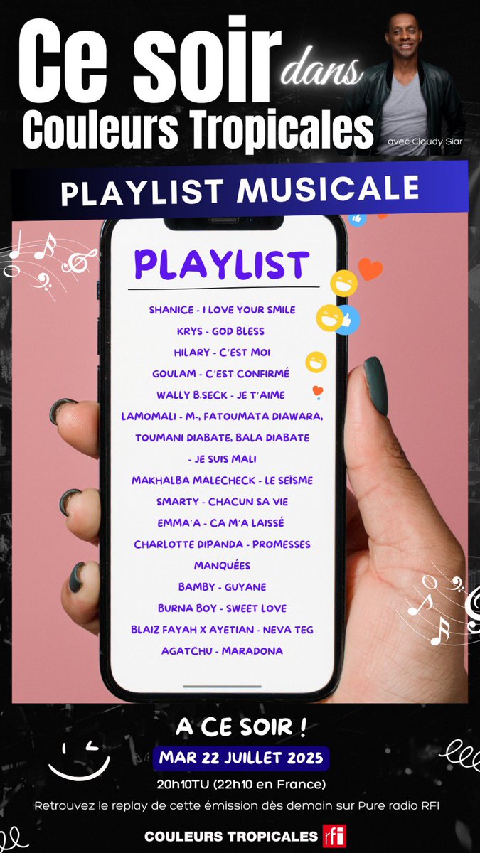 Ce soir dans #CouleursTropicales #SHANICE, <a href="/Krys_StepOut/">KRYS</a> , #HILARY ,<a href="/GoulamOfficiel/">Goulam</a>,<a href="/ToumaniDiabate/">Toumani Diabate</a> @CharlotteDipanda @BurnaBoy , et pleins d’autres pour une playlist spéciale avec <a href="/Claudy_Siar/">Claudy Siar</a> 🔥
(Rediffusion)