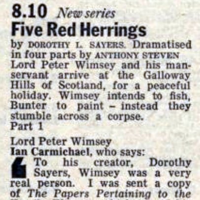 BraxM's tweet image. Ian Carmichael was back as Lord Peter Wimsey in a four-part adaptation of Dorothy L Sayers' Five Red Herrings #OTD 50 years ago. Photo by Don Smith for @RadioTimes.