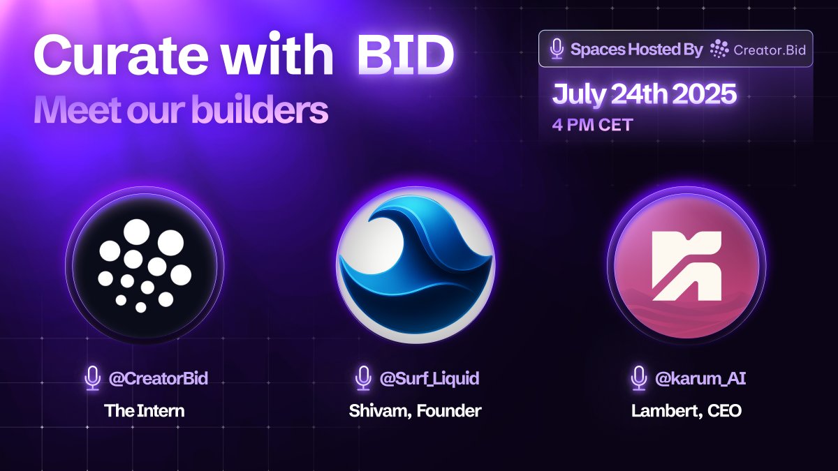 CreatorBid's tweet image. The second "Meet our builders" X Space is happening this Thursday!
🗓️ Thursday, July 24th
🕒 4PM CET
🎙️ Featuring: @Surf_Liquid & @karum_AI
👉 Link: x.com/i/spaces/1YqJD…
This week, two more agents will go live for voting and the intern can't wait to give you a closer look…