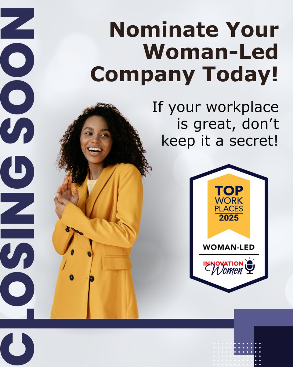LionessMagazine's tweet image. Nominations Close Soon!🚨 Don’t miss your chance to be named a 2025 Woman-Led #TopWorkplaces. Recognition, recruiting advantages and culture validation await. Submit your nomination by July 25th to be considered for this year’s award: TopWorkplaces.com/nominate/innov…
#Businesses