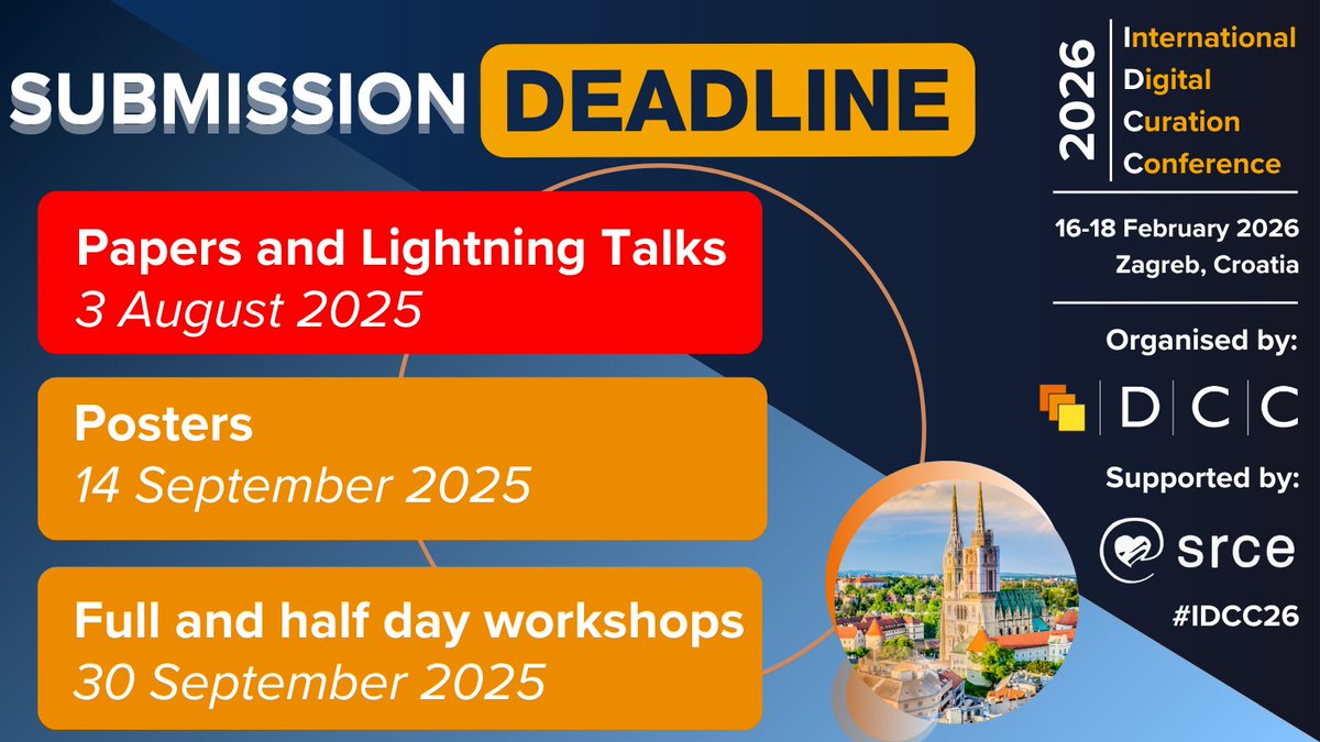 digitalcuration's tweet image. ⚠️ Less than two weeks to go until we close submission proposals for #IDCC26 papers and lightning talks.
Access key information on deadlines, submission formats and templates can be found on our website dcc.ac.uk/events/idcc26/…