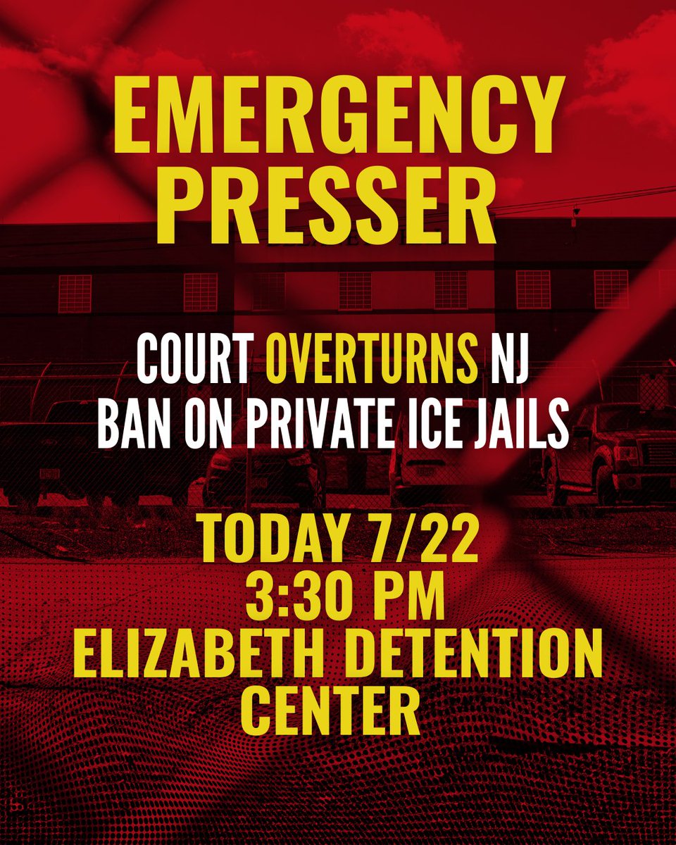 <a href="/MaketheRoadNJ/">Make the Road New Jersey 🦋</a> <a href="/FirstFrndsnjny/">First Friends</a> <a href="/afscIRP/">AFSC NJ - Immigrant Rights Program</a> <a href="/resistencianj/">Resistencia en Accion NJ</a> <a href="/FaithInNJ/">Faith In New Jersey</a> The Third Circuit Court ruled private prison corps can continue signing blood money contracts in New Jersey 🩸💰⛓️

📸Watch TODAY at 
⏰3:30 PM at 
📍Elizabeth Detention Center for a press conference